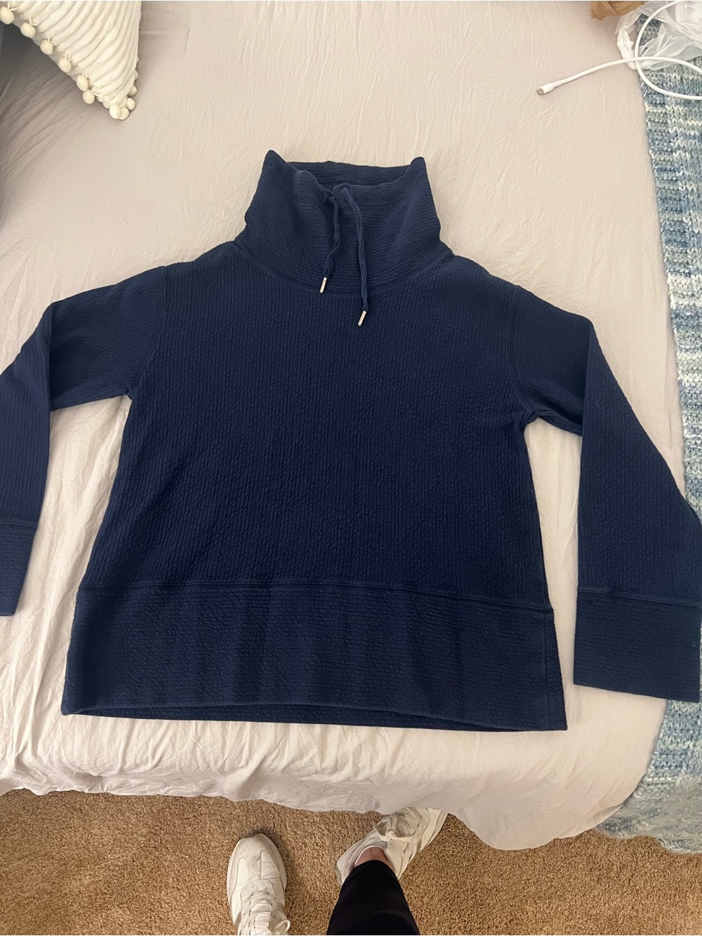 Orvis Navy Textured Funnel Neck Drawstring Sweater